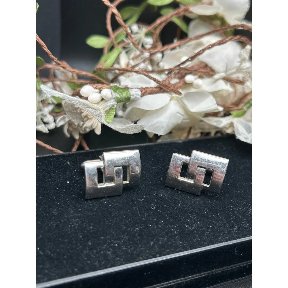 Swank VTG Silver Tone Geometric Interlocking Rectangular Cufflinks Mid Century